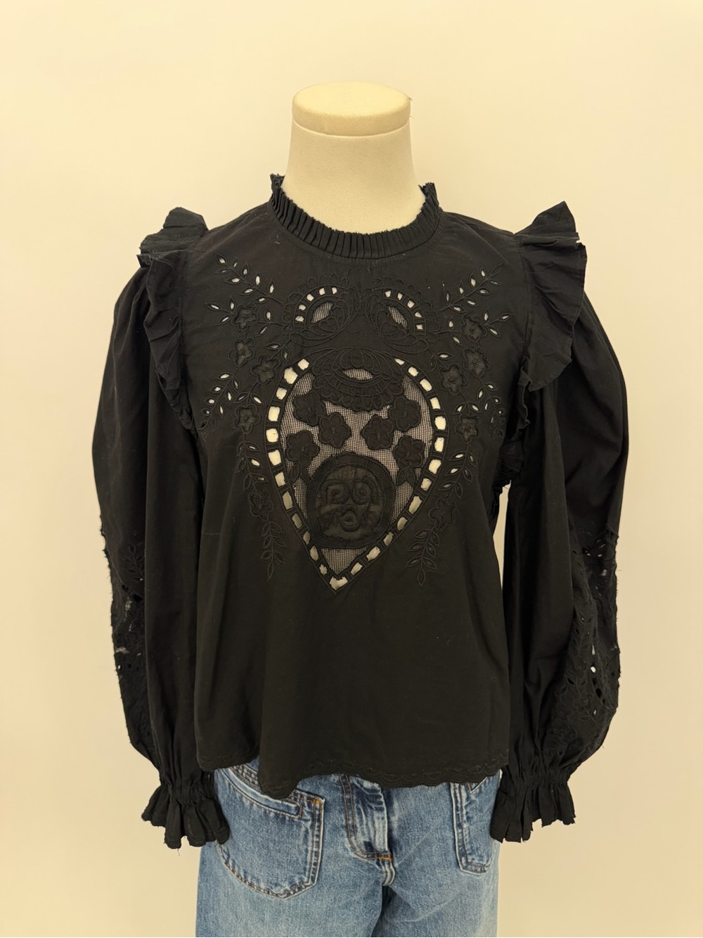 Love the Label Mock Neck Black Eyelet Ruffle Long-Sleeve Top